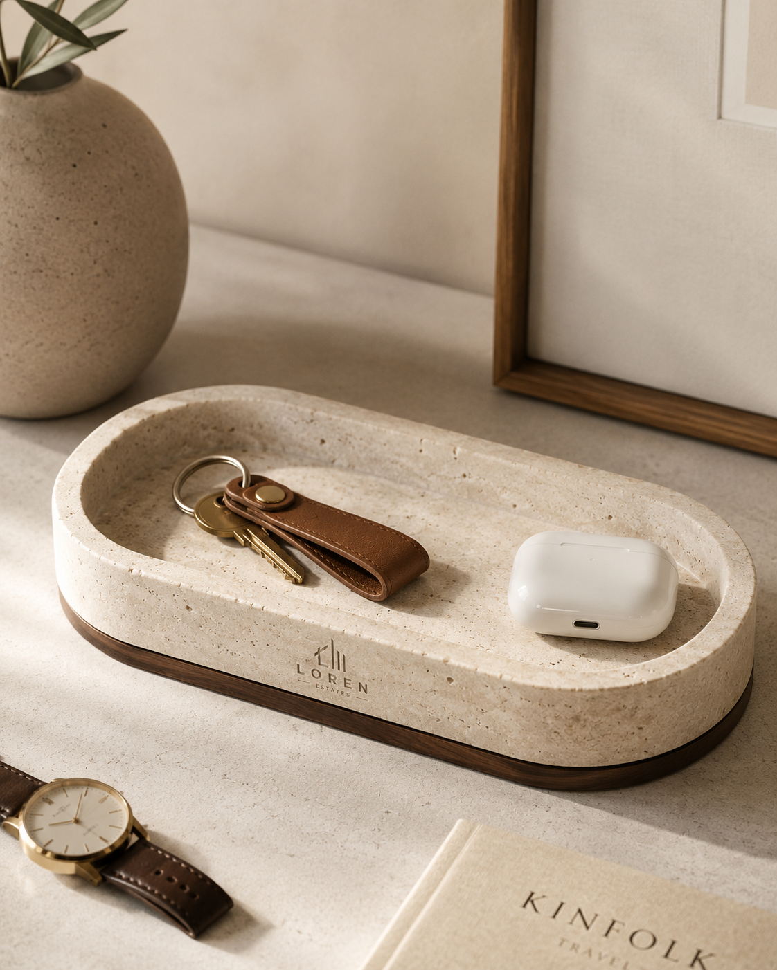 Threshold Valet Tray in travertine and walnut